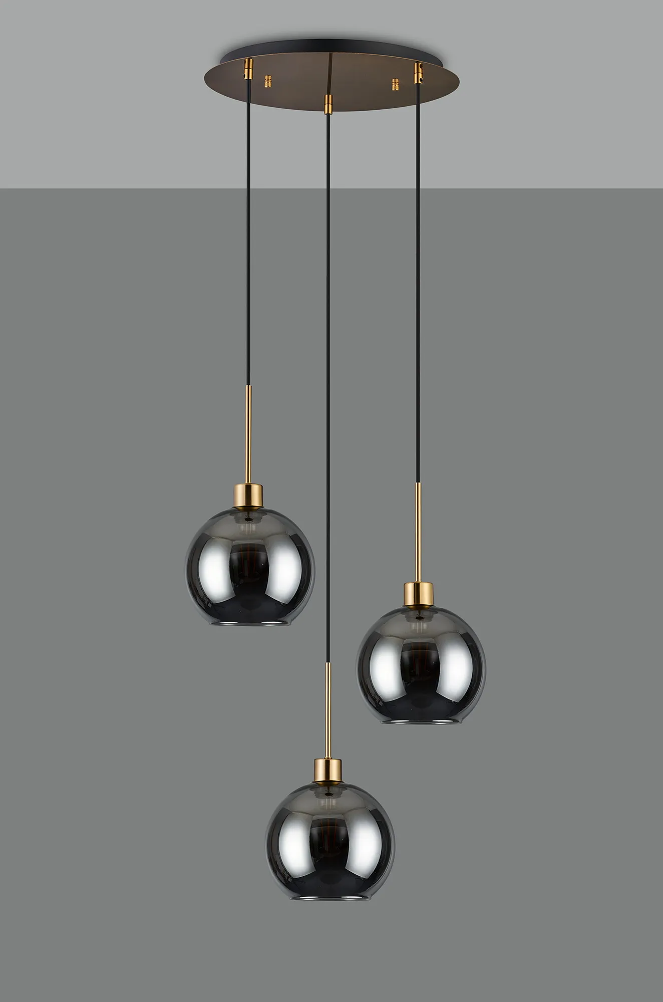 Lori 40cm Round Pendant, 3 Light Adjustable E27, Antique Gold/Smoke Open Mouth Round Globe Shades DK1181  Deco Lori Antique Gold